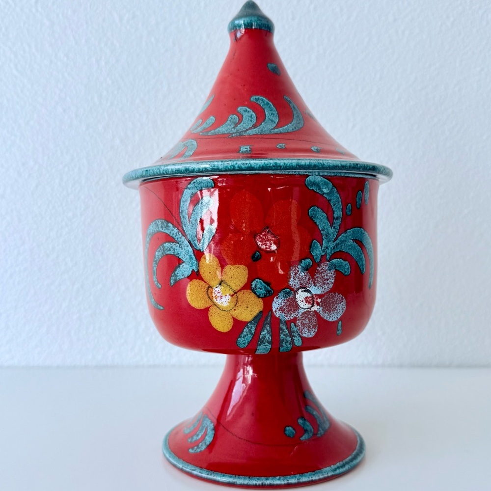 Vintage Italian Pottery-Hand-Painted-Red Floral Pedestal Candy Dish with Lid